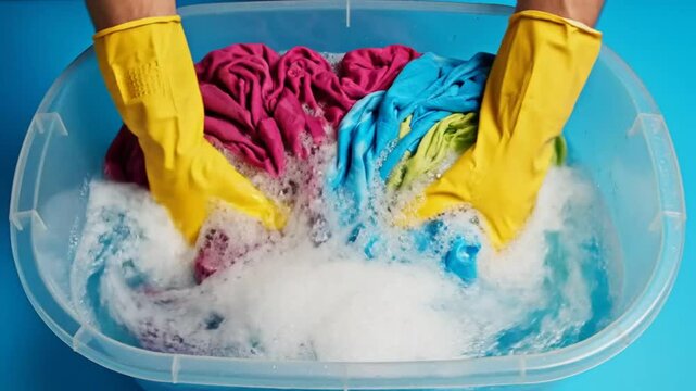 Hand washing colorful clothes in soapy water using yellow rubber gloves in a clear blue basin on a plain blue background