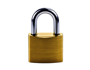 Naklejka premium Closeup of a brass padlock on a white background. A symbol of security, privacy, and protection. Perfect for illustrating concepts of safety, confidentiality, or access control.