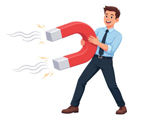 Cartoon illustration of a businessman holding a large magnet depicting magnetic pull for marketing and lead generation
