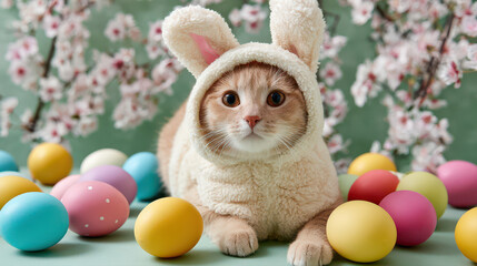 Fototapeta premium A charming ginger and white cat, comfortably nestled in a fluffy white bunny hat, lies surrounded by a vibrant assortment of colorful Easter eggs beneath blooming cherry blossoms.