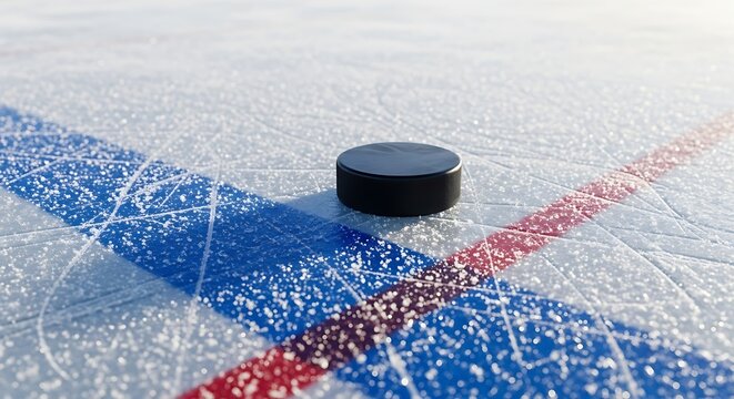 Black hockey puck on ice rink with blue and red lines isolated on outdoor background