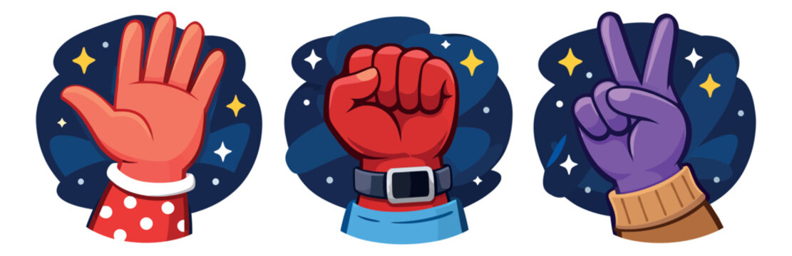 Cartoon graphic hand gesture set featuring an open palm, a strong fist, and a peace sign for expressive communication
