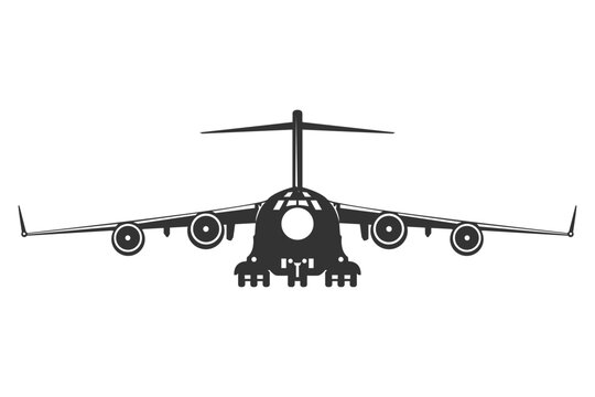 Vector illustrations C-17 transport airplane in black and white color from ahead. Silhouette military aircraft design from front view. Monochrome drawing United States strategic airlift aeroplane.