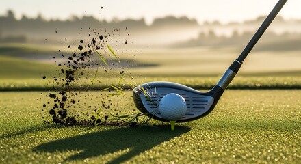 Golf club hitting ball on green grass golf course at sunrise, outdoor sports scene