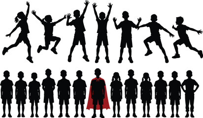 Children silhouettes standing and jumping in playful poses, individuality highlighted with red cape, joyful childhood activity illustration design flat vector