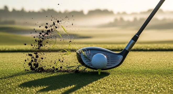 Golf club hitting ball on green grass golf course at sunrise, outdoor sports scene