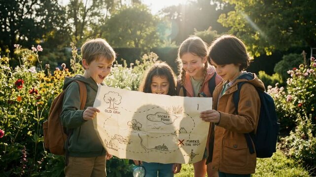 Diverse group of children holding treasure map in sunny garden. Kids with backpacks and magnifying glasses planning adventure. Childhood exploration and teamwork concept