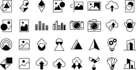 Fototapeta premium A collection of diverse vector graphic design icons representing various concepts including photography data cloud computing and abstract shapes