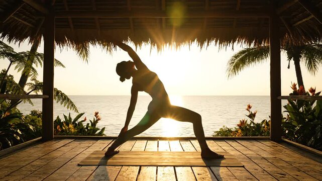Woman practicing yoga on wooden deck