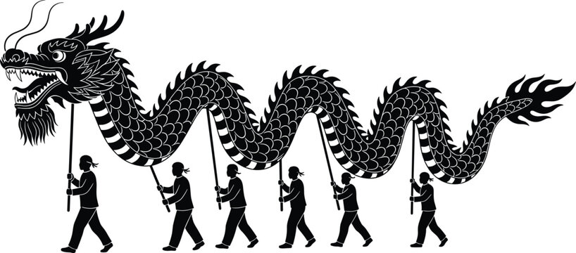 Traditional Chinese dragon dance silhouette featuring performers holding poles, celebrating lunar new year, festival parade, and oriental cultural folk performance art.