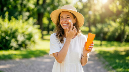 Cheerful woman applying sunscreen from orange tube outdoors in summer