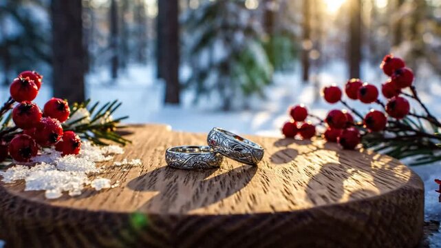 Elegant wedding rings on wooden platter with snow, berries, and evergreen sprigs in a winter forest scene illuminated by sunlight