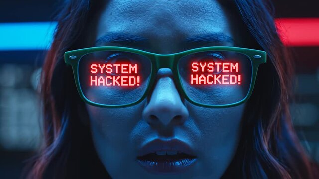 Woman wearing glasses with SYSTEM HACKED text