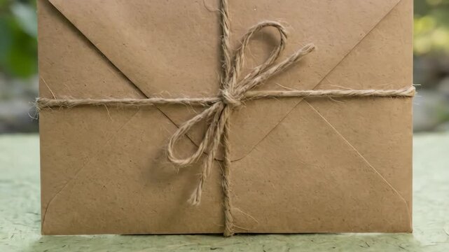 Close Up of Brown Kraft Envelope Tied with Twine on Floral Paper by River