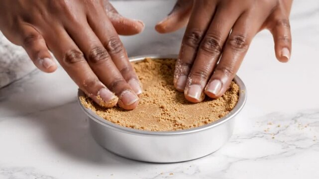 Chef carefully presses graham cracker crust into a small baking pan, preparing for a delicious dessert