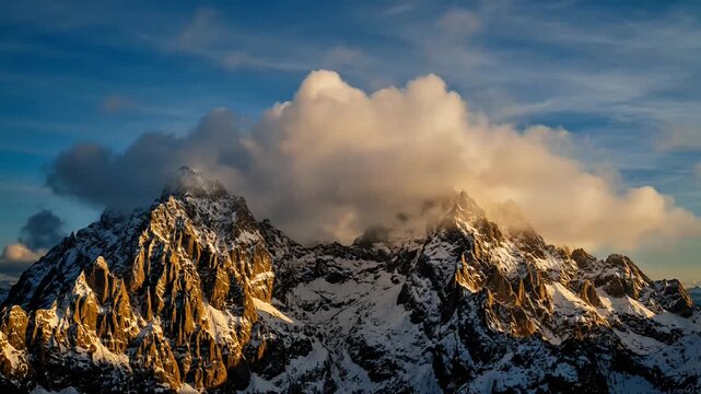Scenic view of snowcapped mountain peaks with cloud cover at sunset