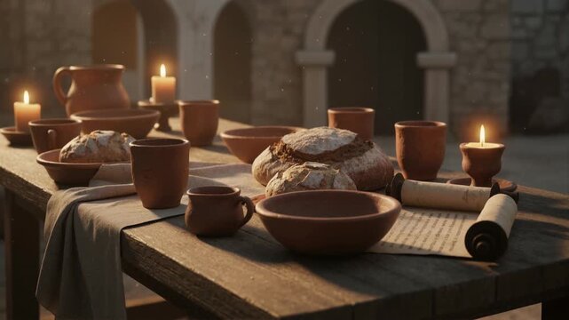 Ancient wooden table set with clay pottery and bread. Lit candles and parchment scroll in stone room. Historical biblical meal setting