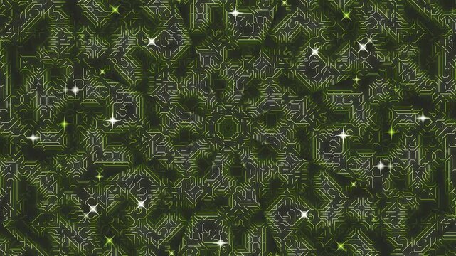 Intricate green pattern with sparkling stars and geometric shapes viewed from directly above