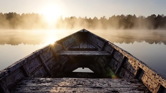 A weathered wooden rowboat drifts on a misty lake at dawn, weathered planks and calm waters