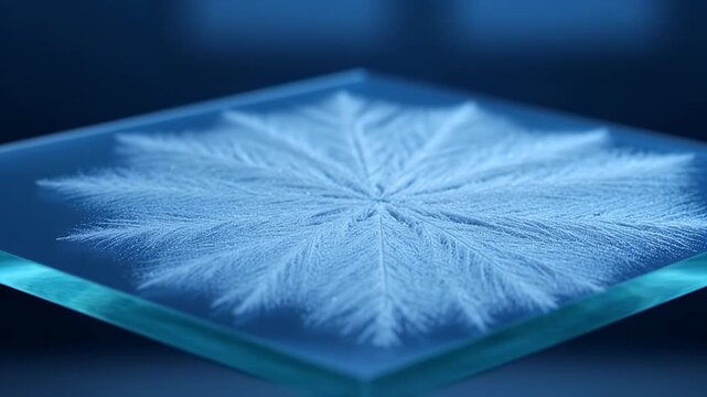Crystal Formation on Glass Surface Exhibits Intricate Dendritic Patterns Under Soft Blue Lighting