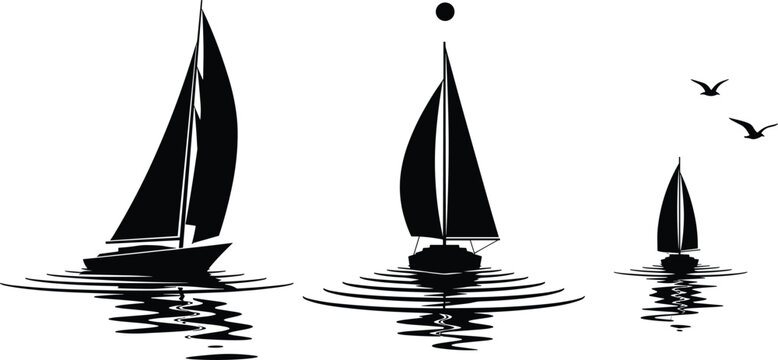 Sailboat silhouette vector set, yacht sailing on sea, nautical marine travel, ocean sunset reflection, maritime adventure, minimalist black white illustration