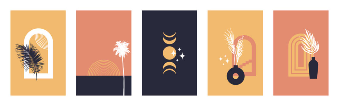 Set of posters with boho elements, featuring stars, moon and sun symbols, tropical and palm leaves, vases, architectural elements  and abstract geometric forms.