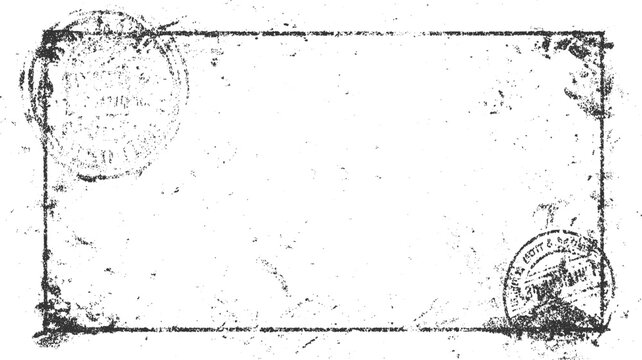 Distressed rectangular frame with circular postmarks in black ink on white textured paper border