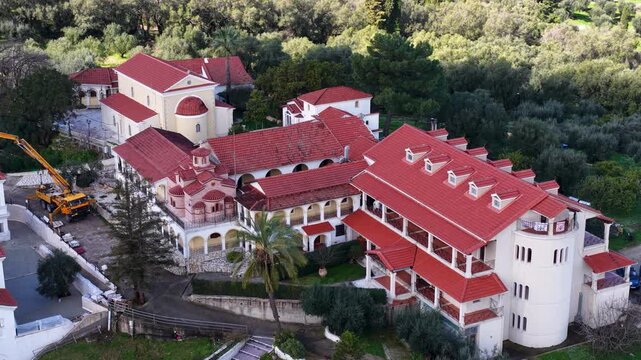 Stunning Drone Video Of Pantokrator Monastery Agios Athanasios Corfu Greece Beautiful Greek Orthodox Nunnery Architecture In Lush Green Landscape European Religious Historic Landmark Summer Vacation