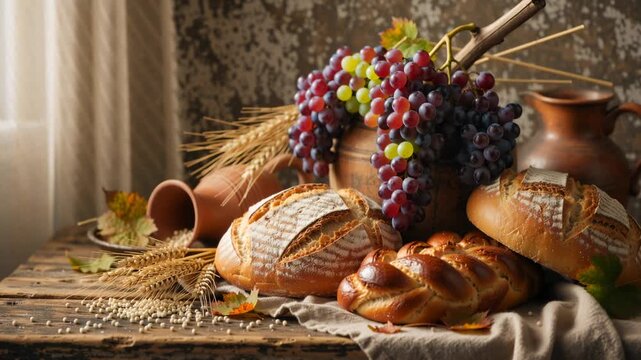 Freshly baked bread and grapes on weathered wooden table. Artisanal sourdough loaves with wheat and clay pitchers. Rustic harvest still life with linen cloth