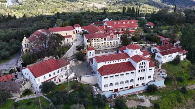Aerial View Of Pantokrator Monastery In Agios Athanasios Corfu Greece Drone Footage Of Historic Greek Orthodox Christian Convent Surrounded By Greenery Summer Travel Destination Religion Architecture