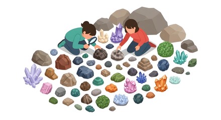 Two children exploring colorful irregular rocks and crystalline minerals with a magnifying glass for educational science hobby