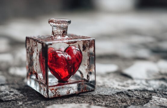 Un coraz&oacute;n rojo brillante atrapado dentro de un cubo de cristal roto, simbolizando el amor encarcelado.
