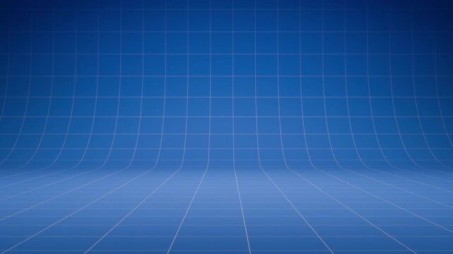Clean minimalist blue studio background with a white 3D curved floor grid moving from right to left. Seamless loop animation for presentations, technology displays, blueprints, and product staging