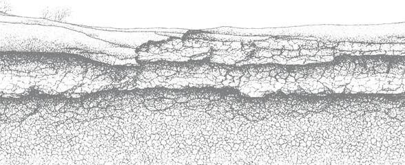 Cracked dry earth landscape with sparse vegetation and rolling hills in stippled monochrome ground texture © Towhidul