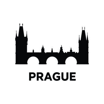 Silhouette of prague castle and charles bridge with city name