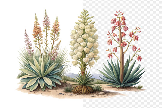 Watercolor Yucca Flower Art, Desert Botanical vector  Illustration isolated on white background