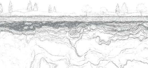 Obraz premium Detailed cross section of layered earth and water with trees and grass above layers soil