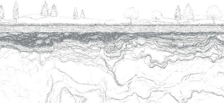 Detailed cross section of layered earth and water with trees and grass above layers soil