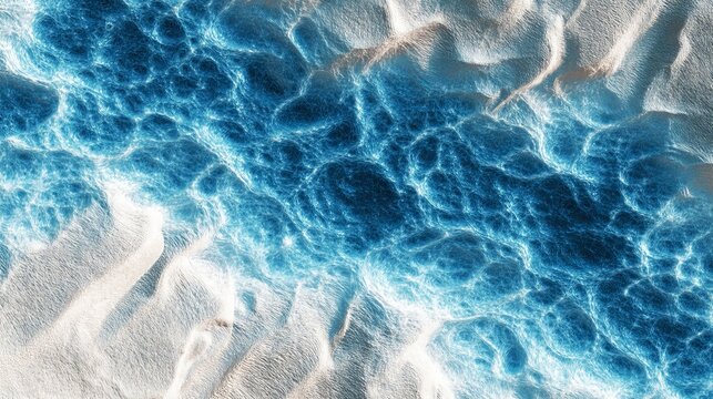 A serene aerial view of ocean waves gently lapping against a sandy beach on a sunny day