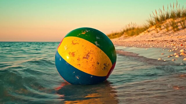 Beach ball partially submerged on tranquil shoreline with warm sunset glow