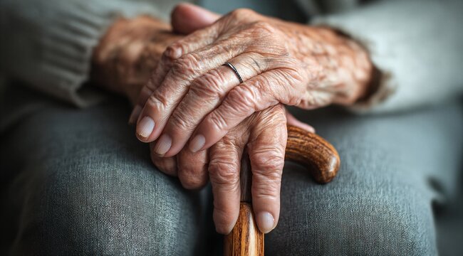 Manos ancianas sosteniendo un bast&oacute;n, s&iacute;mbolo de experiencia y fragilidad.