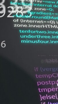 Vertical video: Camera pan revealing code on dark screen with white numbers shifting for debugging