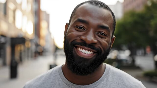 Smiling man with beard in city