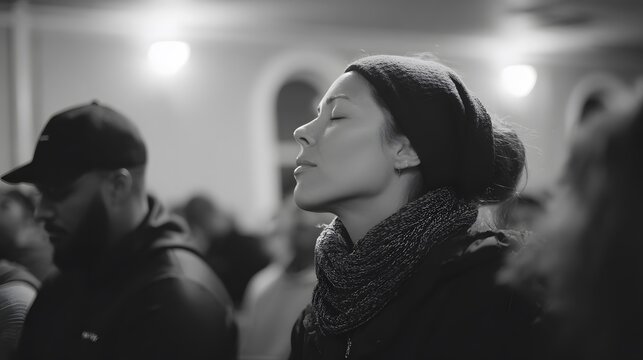 Monochromatic digital artwork capturing a woman in deep contemplation, eyes gently closed, immersed in a moment of serene introspection amidst a softly blurred background.