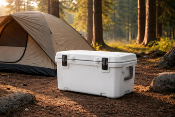 White cooler and camping tent in a sunny forest setting. © muhagraph