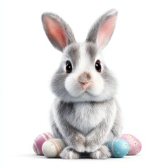 Obraz premium A charming fluffy gray and white Easter bunny sits calmly on a white background, surrounded by beautifully decorated pastel-colored Easter eggs, ready for the springtime celebration.
