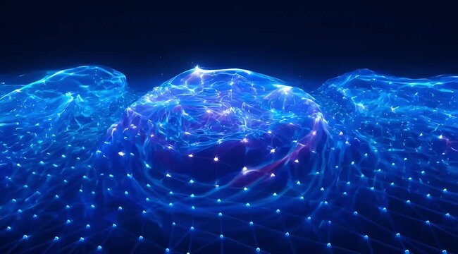 Abstract blue digital landscape with glowing network of interconnected nodes and lines