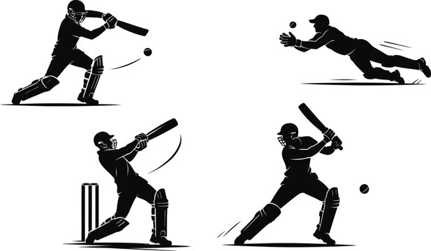 Professional cricket player silhouettes featuring batsman hitting ball and fielder