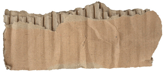 Torn kraft cardboard piece with layered corrugated texture and rough ripped edges, isolated on...