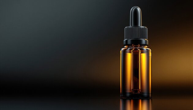 Una botella de aceite esencial con un gotero, iluminada con luz c&aacute;lida.